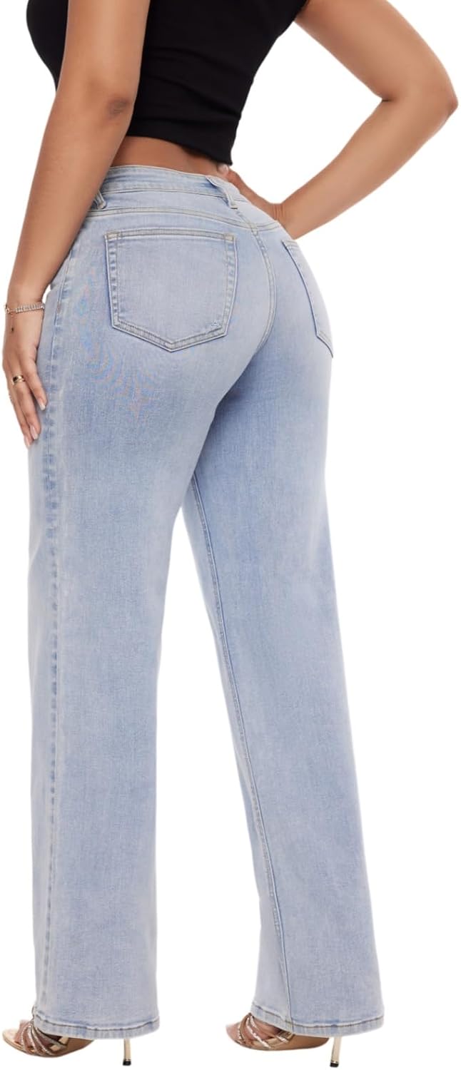 Mid-Low Rise Baggy Jeans Wide Leg for Women Distressed Pants Stretchy Bottom Lady Basic Comfortable Denim - Image 2