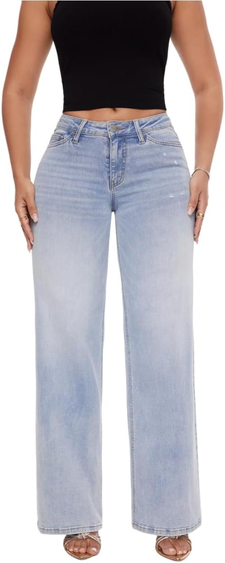 Mid-Low Rise Baggy Jeans Wide Leg for Women Distressed Pants Stretchy Bottom Lady Basic Comfortable Denim