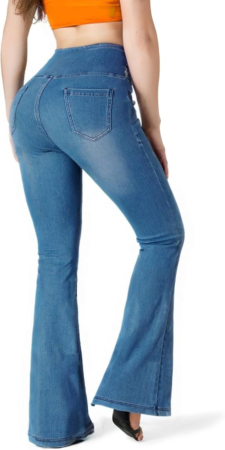 Knit Stetchy Flare Jean for Women,Jean Leggings with Pockets High Waisted Pull on Bell Bottom Yoga Pants - Image 2