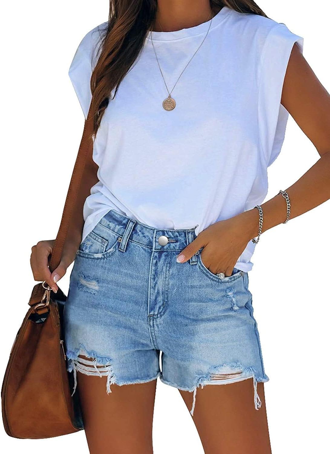 Womens Jean Shorts Stretchy High Waisted Ripped Denim Distressed Trendy Shorts with Pockets - Image 2