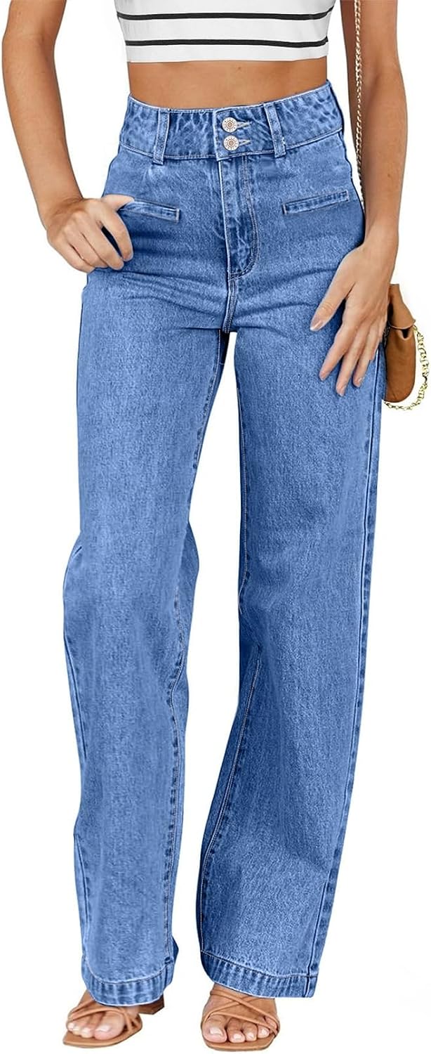 Women's Jeans High Waisted Straight Leg Stretchy Jeans Trendy Loose Wide Leg Denim Pants with Pockets