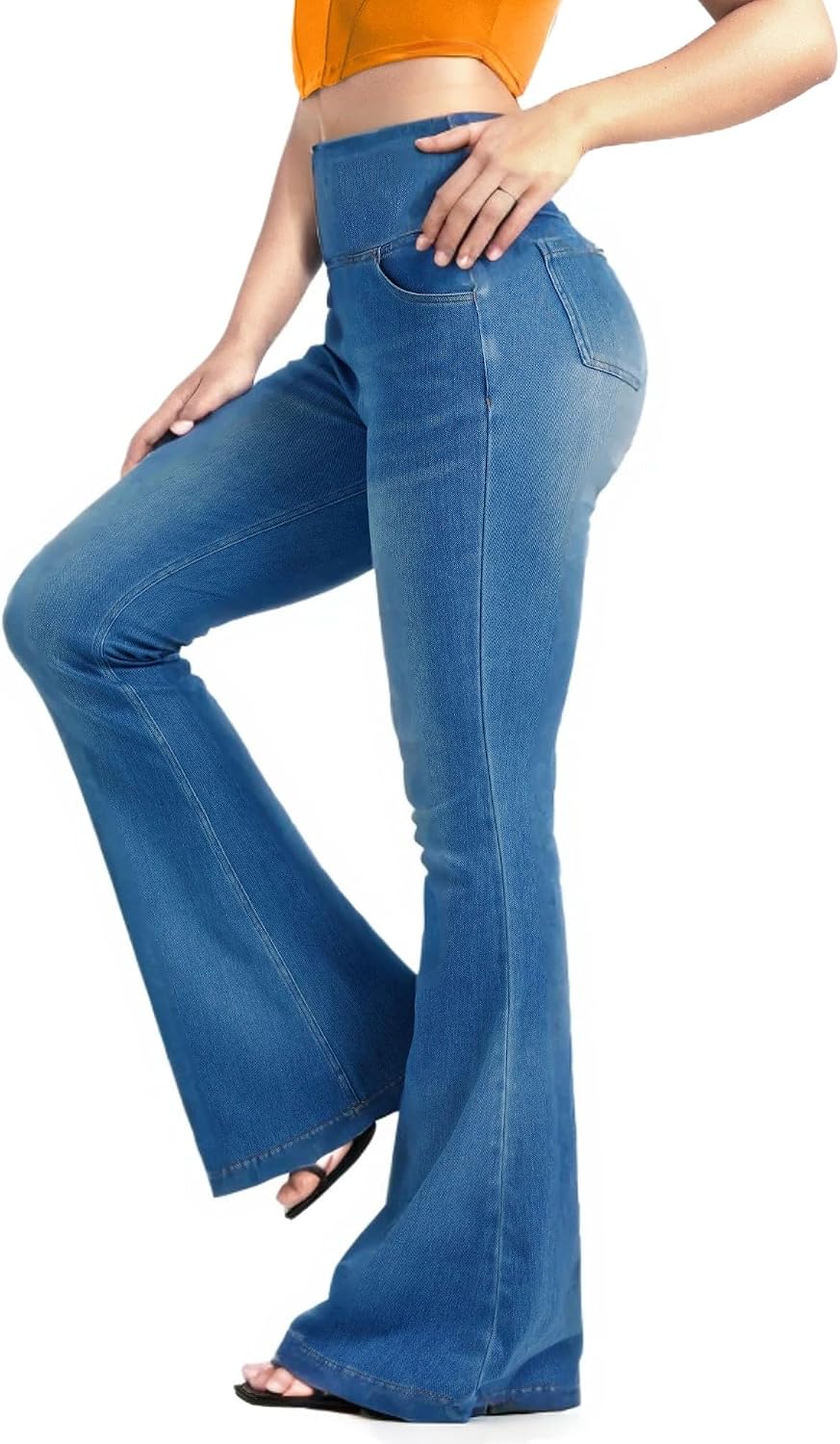 Knit Stetchy Flare Jean for Women,Jean Leggings with Pockets High Waisted Pull on Bell Bottom Yoga Pants