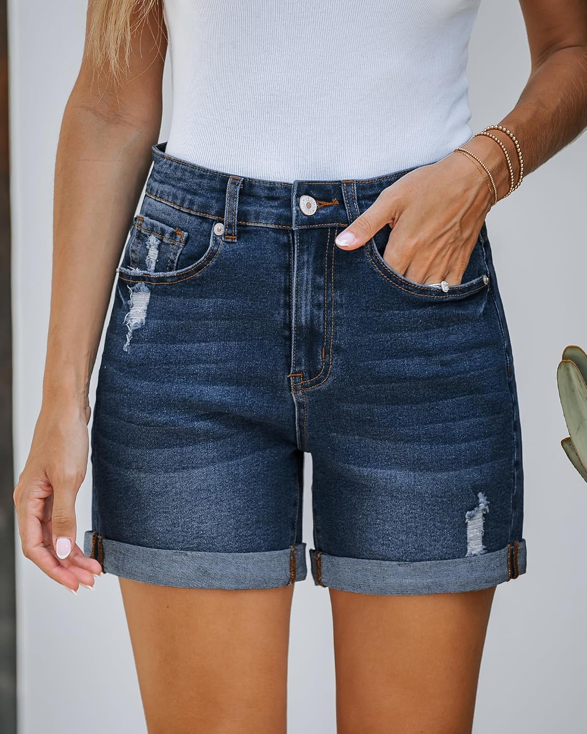 Jean Shorts Womens Stretchy High Waisted Ripped Denim Shorts with Pockets Trendy Distressed Cut Off Shorts - Image 2