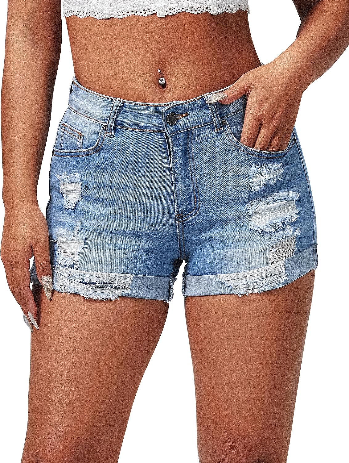 Women's Summer Mid Rise Ripped Denim Shorts Stretchy Butt Lifting Jean Shorts
