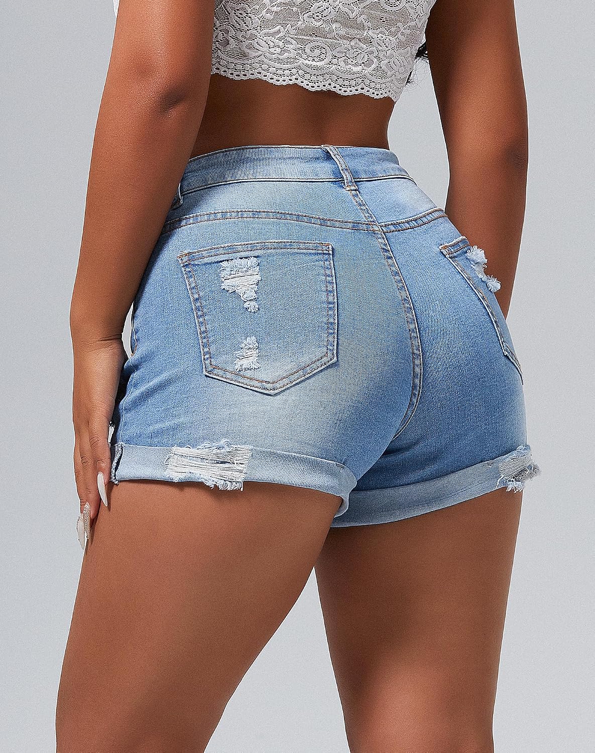 Women's Summer Mid Rise Ripped Denim Shorts Stretchy Butt Lifting Jean Shorts - Image 2